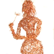 detail front view head and arms wire sculpture lady with flower