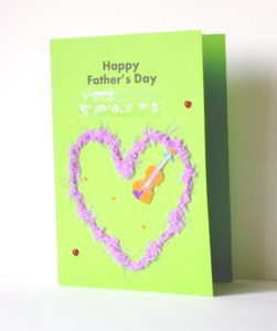 fluffy heart lilac happy father's day card with orange violin and red heart stickers